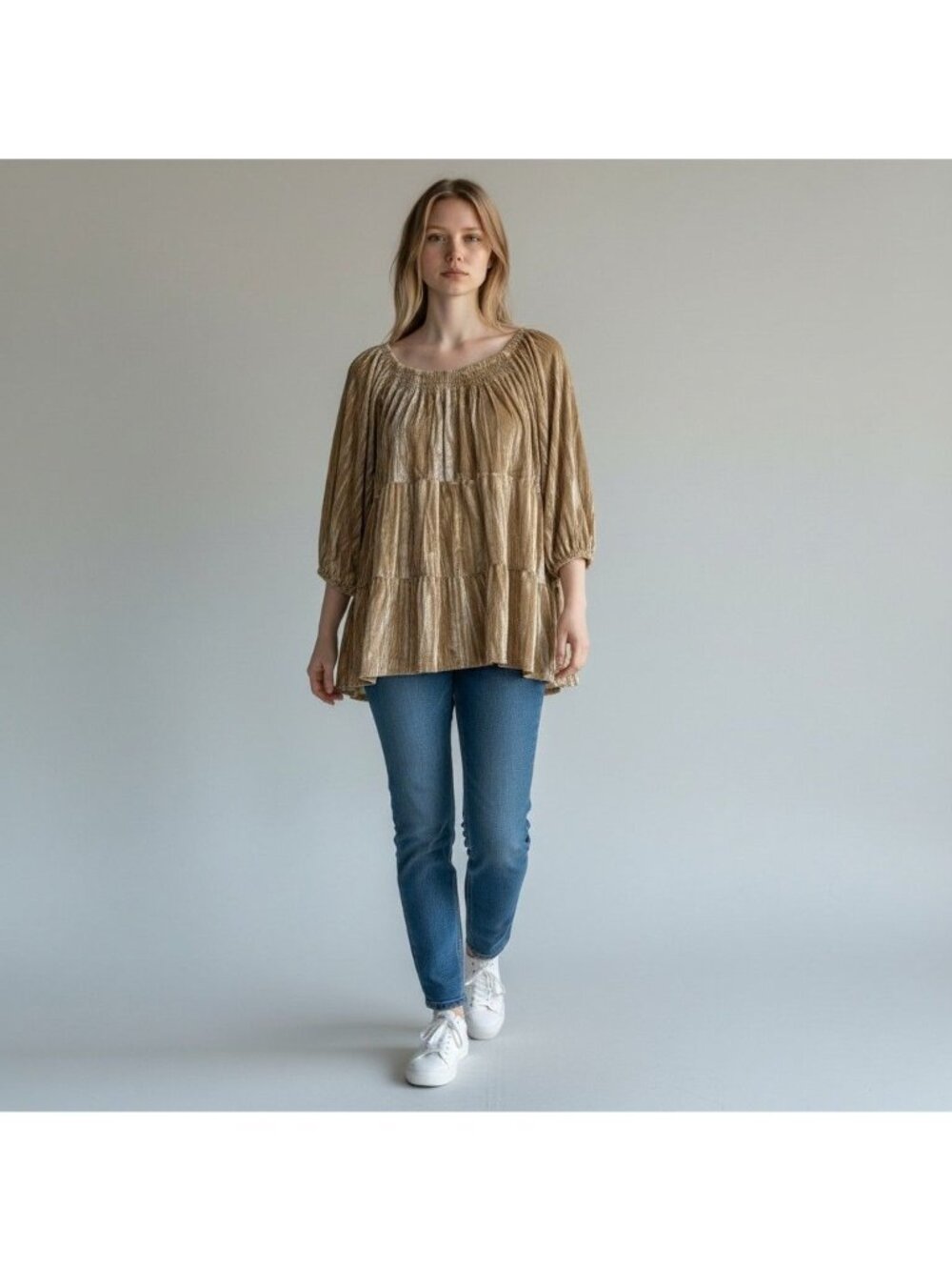 Cato Womens Metallic Gold Tan Tiered Peasant Blouse 18/20W 3/4 Sleeve NWT